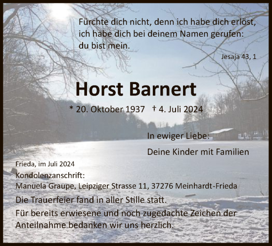Traueranzeige von Horst Barnert von WRS