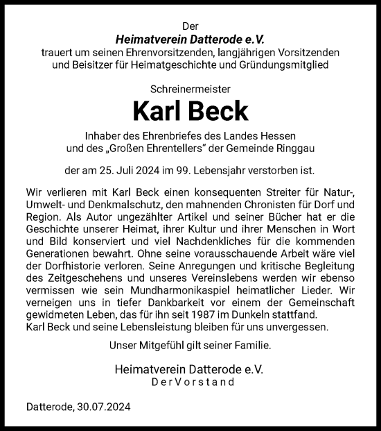 Traueranzeige von Karl Beck von WRS