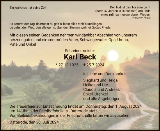 Traueranzeige von Karl Beck von WRS