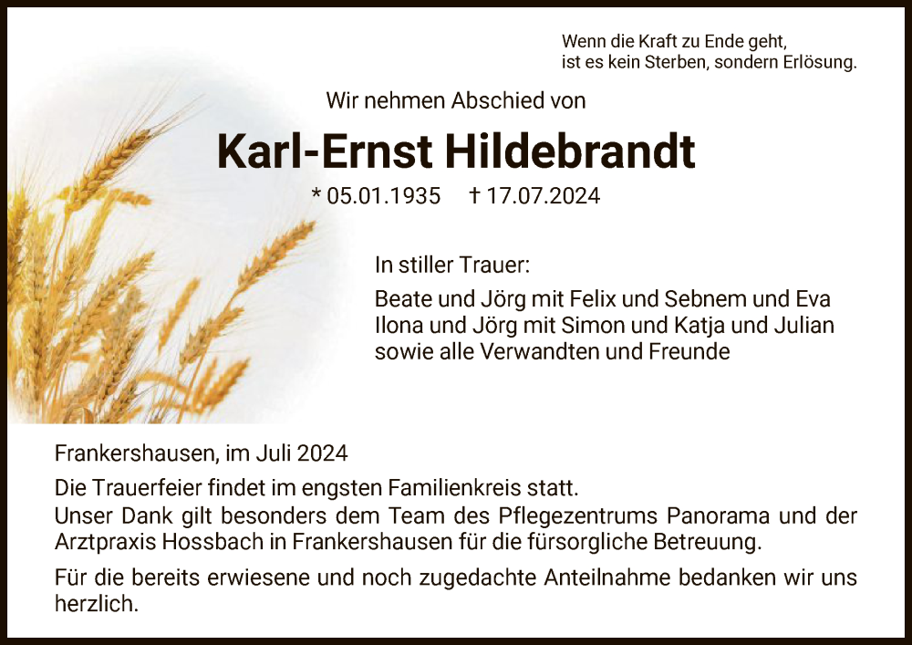  Traueranzeige für Karl-Ernst Hildebrandt vom 20.07.2024 aus WRSWRS