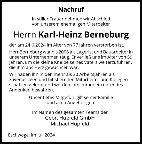 Traueranzeige von Karl-Heinz Berneburg von WRS