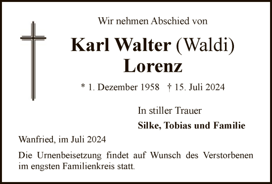 Traueranzeige von Karl Walter Lorenz von WRS