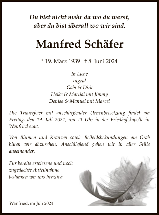 Traueranzeige von Manfred Schäfer von WRS