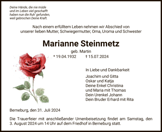 Traueranzeige von Marianne Steinmetz von HNAWRS