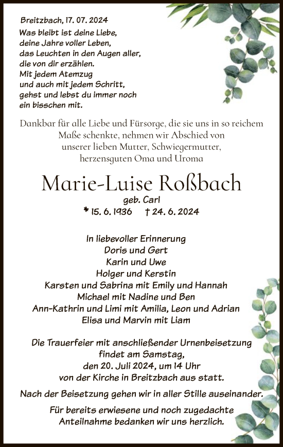 Traueranzeige von Marie-Luise Roßbach von WRS