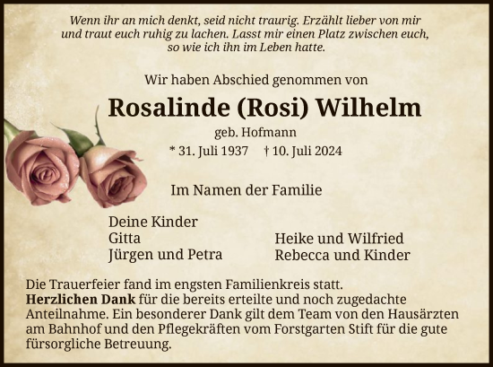 Traueranzeige von Rosalinde Wilhelm von WRS