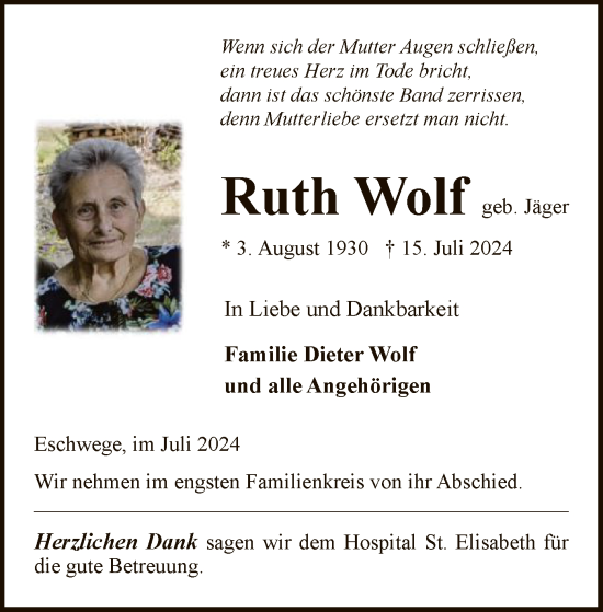 Traueranzeige von Ruth Wolf von WRS