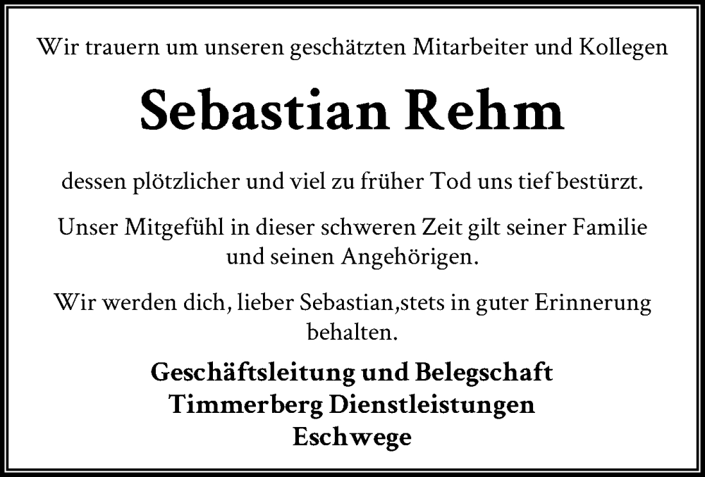  Traueranzeige für Sebastian Rehm vom 26.07.2024 aus WRS