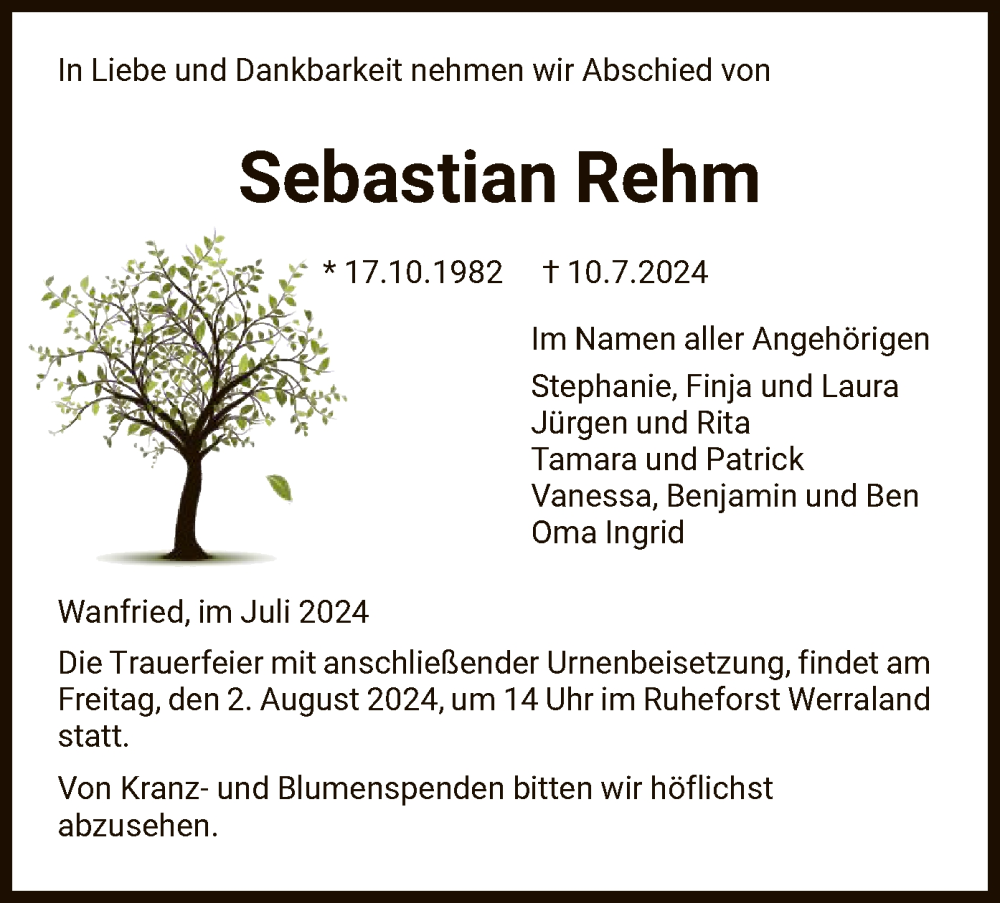  Traueranzeige für Sebastian Rehm vom 26.07.2024 aus WRS