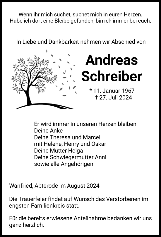 Traueranzeige von Andreas Schreiber von WRS