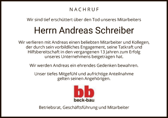 Traueranzeige von Andreas Schreiber von WRS