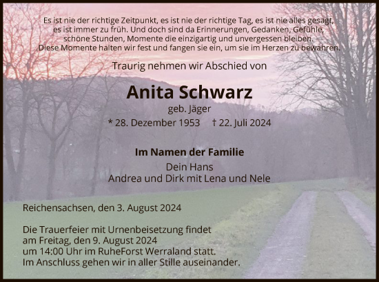 Traueranzeige von Anita Schwarz von WRS