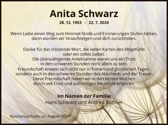 Traueranzeige von Anita Schwarz von WRSWRS