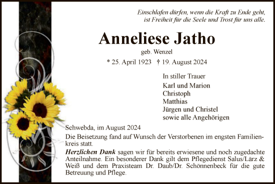 Traueranzeige von Anneliese Jatho von WRS