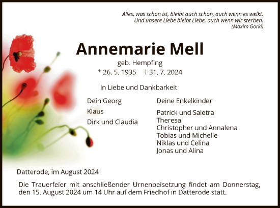 Traueranzeige von Annemarie Mell von WRS