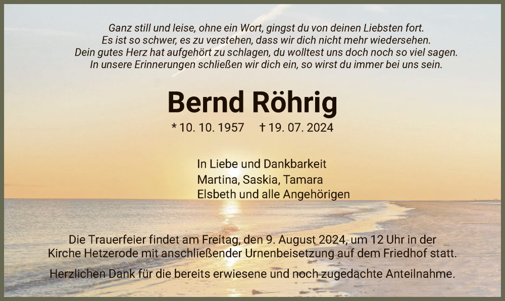  Traueranzeige für Bernd Röhrig vom 05.08.2024 aus WRSHNA