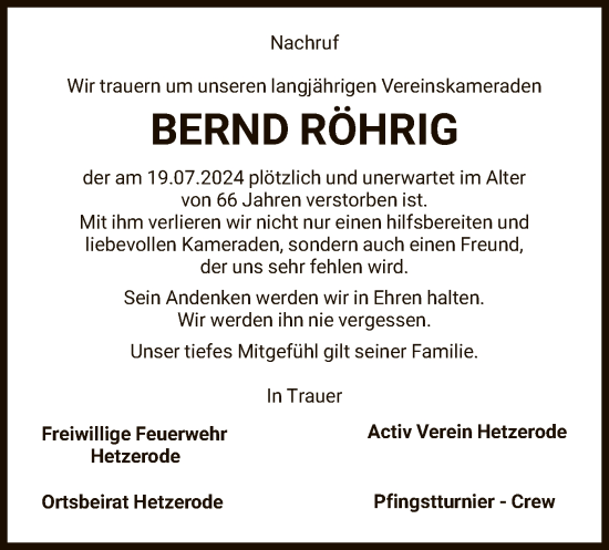 Traueranzeige von Bernd Röhrig von WRS