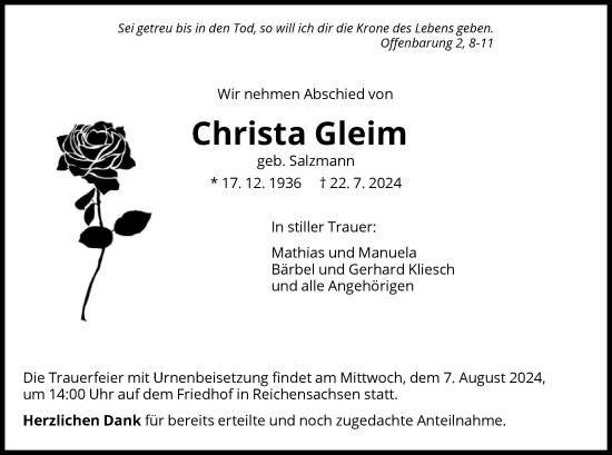 Traueranzeige von Christa Gleim von WRS