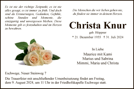 Traueranzeige von Christa Knur von WRS