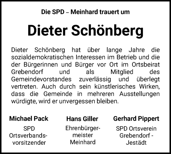 Traueranzeige von Dieter Schönberg von WRS