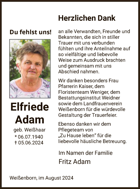 Traueranzeige von Elfriede Adam von WRS