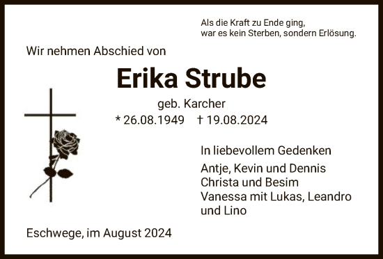 Traueranzeige von Erika Strube von WRS