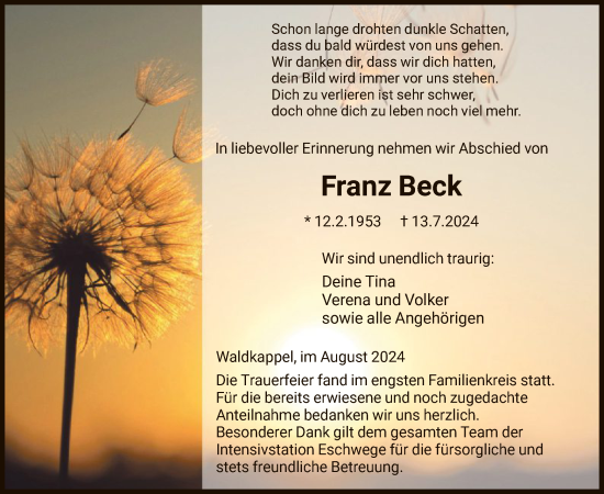 Traueranzeige von Franz Beck von WRS