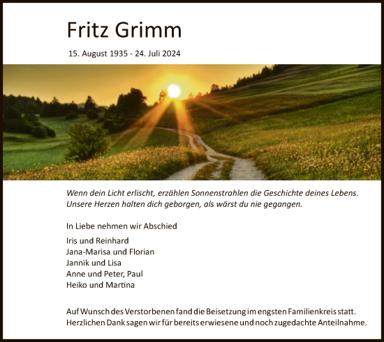 Traueranzeige von Fritz Grimm von WRS