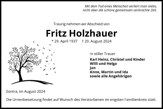 Traueranzeige von Fritz Holzhauer von WRS