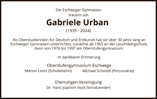 Traueranzeige von Gabriele Urban von WRS