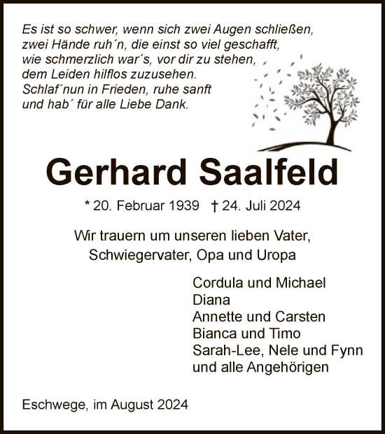 Traueranzeige von Gerhard Saalfeld von WRS