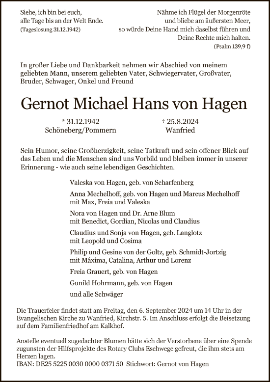 Traueranzeige von Gernot Michael Hans von Hagen von WRSWRS