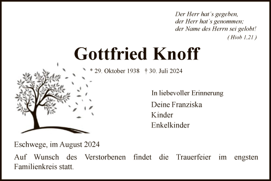 Traueranzeige von Gottfried Knoff von WRS