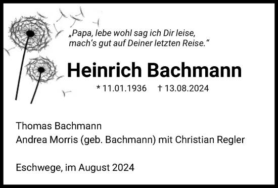 Traueranzeige von Heinrich Bachmann von WRS