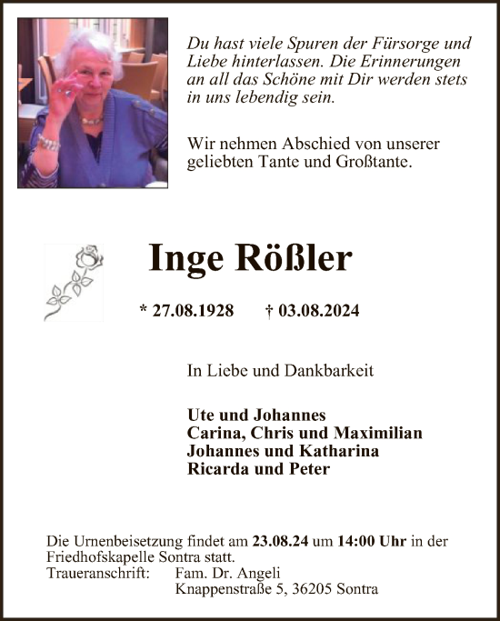 Traueranzeige von Inge Rößler von WRS