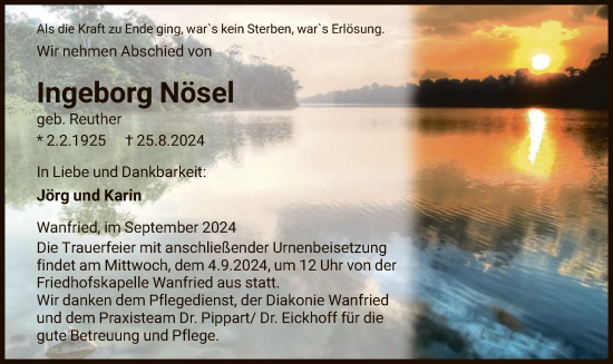 Traueranzeige von Ingeborg Nösel von WRS