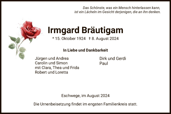 Traueranzeige von Irmgard Bräutigam von WRS