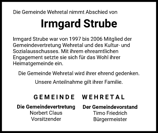 Traueranzeige von Irmgard Strube von WRS