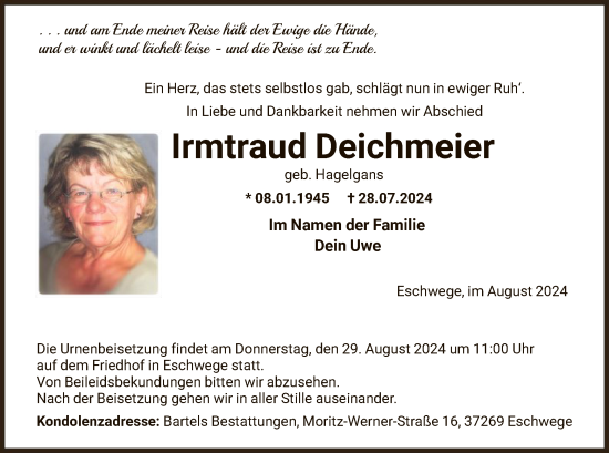 Traueranzeige von Irmtraud Deichmeier von WRS