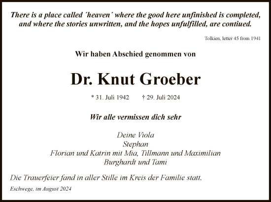 Traueranzeige von Knut Groeber von WRSHNA