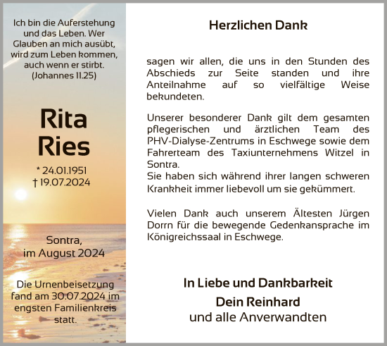 Traueranzeige von Rita Ries von WRS