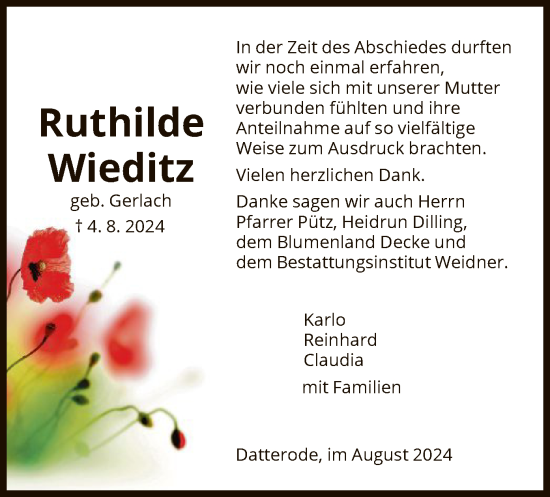 Traueranzeige von Ruthilde Wieditz von WRS