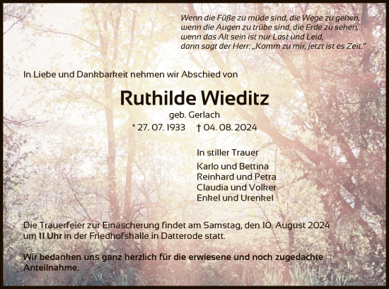 Traueranzeige von Ruthilde Wieditz von WRS