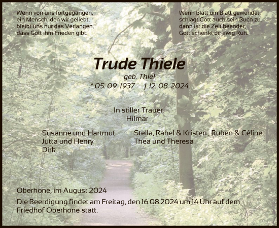 Traueranzeige von Trude Thiele von WRS