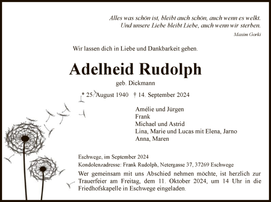 Traueranzeige von Adelheid Rudolph von WRS