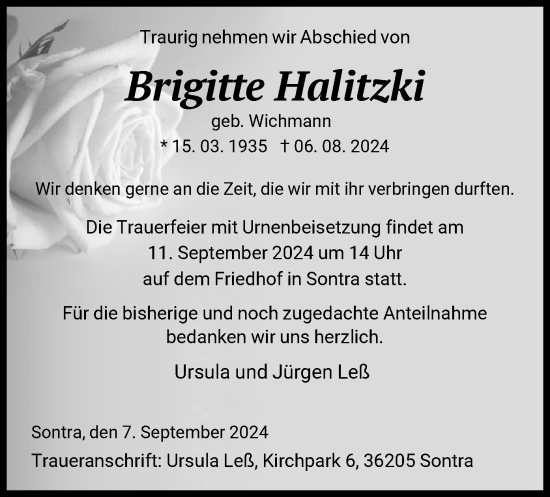 Traueranzeige von Brigitte Halitzki von WRS