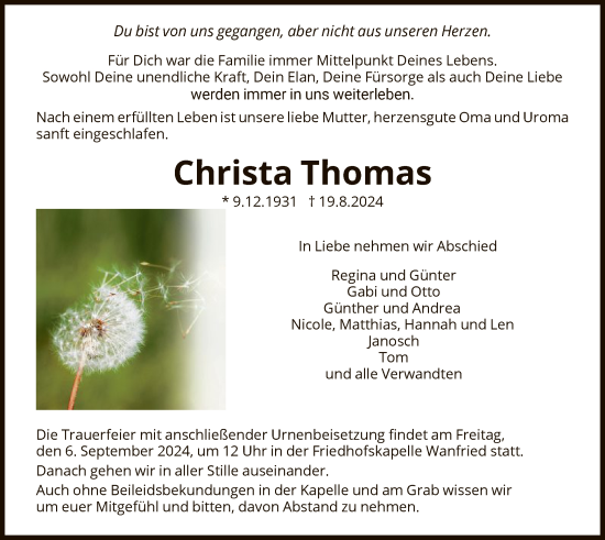 Traueranzeige von Christa Thomas von WRS