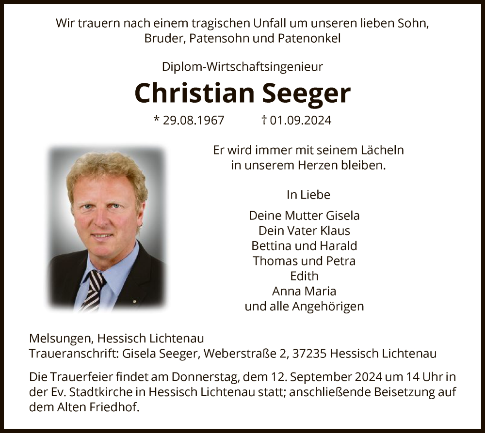  Traueranzeige für Christian Seeger vom 07.09.2024 aus HNA