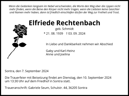 Traueranzeige von Elfriede Rechtenbach von WRS