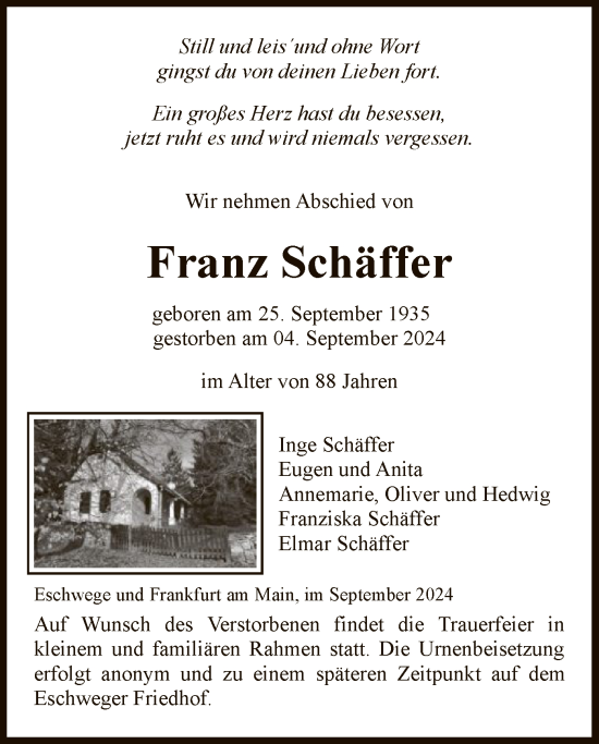 Traueranzeige von Franz Schäffer von WRS